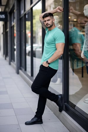 Erkek Bisiklet Yaka Slim Fit dar kesim Likralı Tişört - Turkuvaz