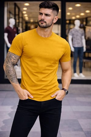 Erkek Body Tişört Bisiklet Yaka Slim Fit Likralı T-Shirt - Limon