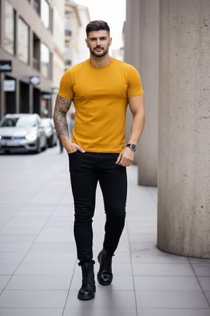 Erkek Body Tişört Bisiklet Yaka Slim Fit Likralı T-Shirt - Limon