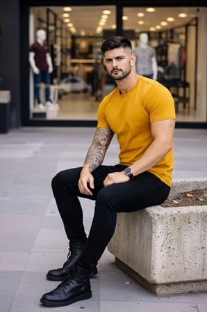 Erkek Body Tişört Bisiklet Yaka Slim Fit Likralı T-Shirt - Limon