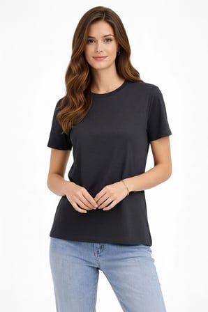 Kadın Bisiklet Yaka Yazlık Kısa kol Düz Tişört Regular Kalıp T-shirt - Füme