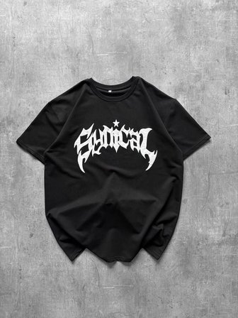 Kadın Bisiklet Yaka Ön Baskılı  Kısa Kollu Tişört Streetwear Günlük Basic Pamuklu T-shirt - Siyah