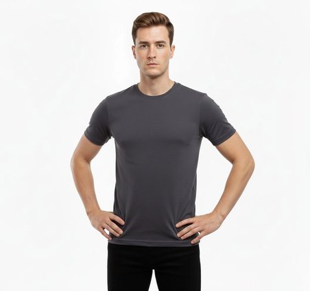 Erkek Bisiklet Yaka Slim Fit dar kesim Likralı Tişört - Füme