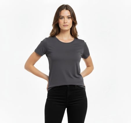Kadın T-Shirt Bisiklet Yaka Slim Fit Likralı Tişört Yazlık Basic Body - Füme