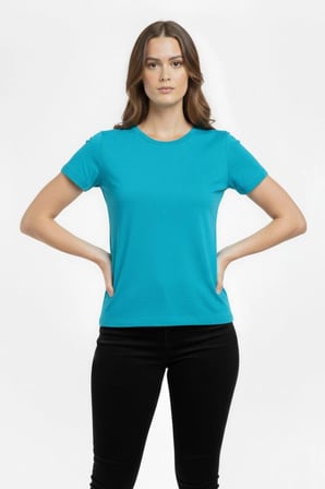 Kadın T-Shirt Bisiklet Yaka Slim Fit Likralı Tişört Yazlık Basic Body - Turkuvaz