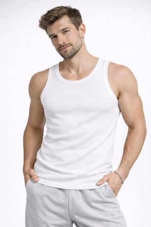 Erkek Spor Slimfit Fitilli Kaşkorse Arka Basklı Atlet 2'li Set Siyah-Beyaz