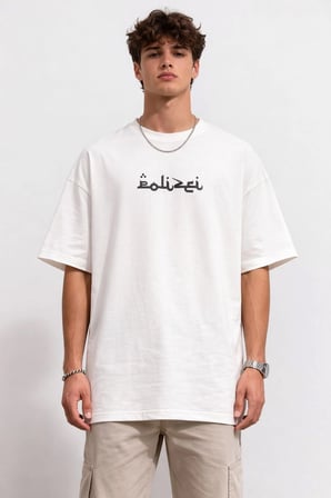 Erkek Kısa Kol Yazlık Tişört Bisiklet Yaka Baskılı Oversize T-Shirt - Beyaz