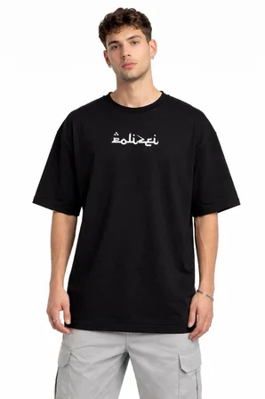 Erkek Kısa Kol Yazlık Tişört Bisiklet Yaka Baskılı Oversize T-Shirt - Siyah