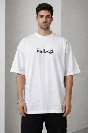 Erkek Kısa Kol Yazlık Tişört Bisiklet Yaka Baskılı Oversize T-Shirt - Beyaz