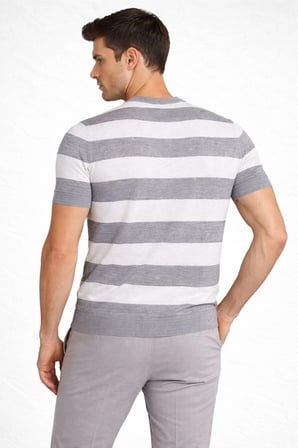 Erkek T-shirt Çizgili Kısa Kol Yazlık Triko Dokuma Bisiklet Yaka Tişört - Gri