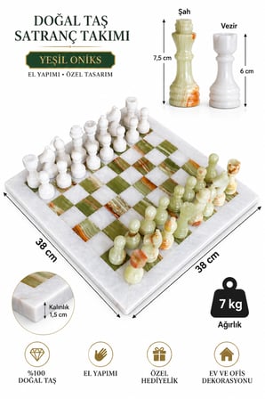 15 İnç Yeşil Oniks Doğal Taş Satranç Takımı 38x38 cm Premium Özgün Hediye Kutulu