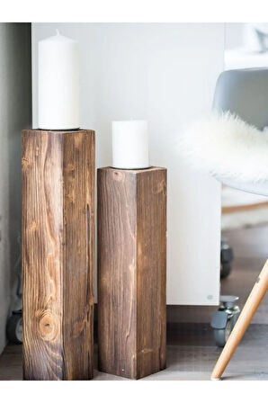 Ahşap Sütun Mumluk 2'li Set 70-80 cm
