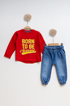 Çocuk Kot Sweatshirt Erkek Alt Üst Takım Born to be - KIRMIZI - 5 YAŞ