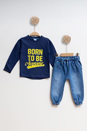 Çocuk Kot Sweatshirt Erkek Alt Üst Takım Born to be - LACİVERT - 2 YAŞ