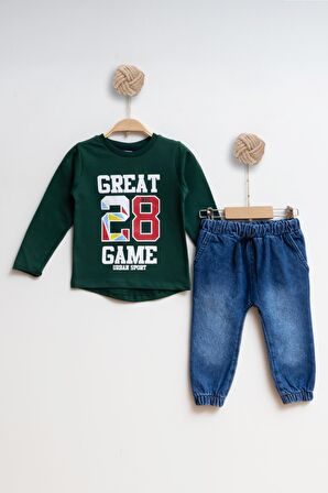Çocuk Kot Sweatshirt Erkek Alt Üst Takım Great 28 Game - KOYU YEŞİL - 3 YAŞ