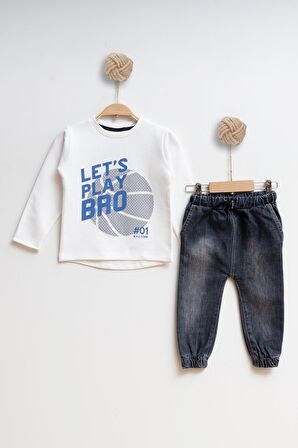 Çocuk Kot Sweatshirt Erkek Alt Üst Takım Lets Play Bro - BEYAZ - 2 YAŞ