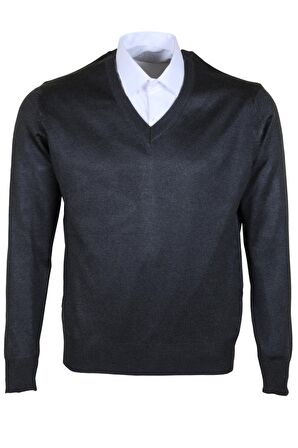 Erkek Yünlü Kazak V Yaka Normal Klasik Kesim Füme RAR00371 Füme-3XL