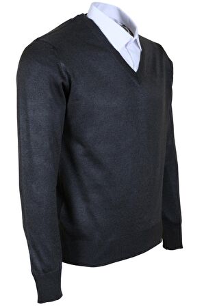 Erkek Yünlü Kazak V Yaka Normal Klasik Kesim Füme RAR00371 Füme-3XL