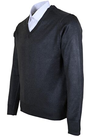 Erkek Yünlü Kazak V Yaka Normal Klasik Kesim Füme RAR00371 Füme-3XL