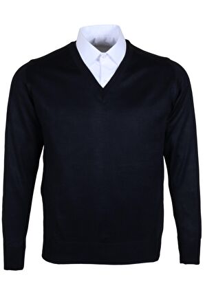 Erkek Yünlü Kazak V Yaka Normal Klasik Kesim Lacivert RAR00372 Lacivert-XL