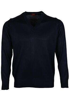 Erkek Yünlü Kazak V Yaka Normal Klasik Kesim Lacivert RAR00372 Lacivert-XL