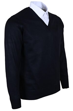 Erkek Yünlü Kazak V Yaka Normal Klasik Kesim Lacivert RAR00372 Lacivert-XL