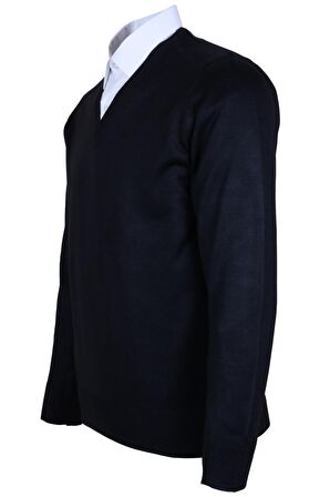 Erkek Yünlü Kazak V Yaka Normal Klasik Kesim Lacivert RAR00372 Lacivert-2XL