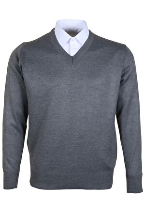 Erkek Yünlü Kazak V Yaka Normal Klasik Kesim Gri RAR00374 Gri-3XL