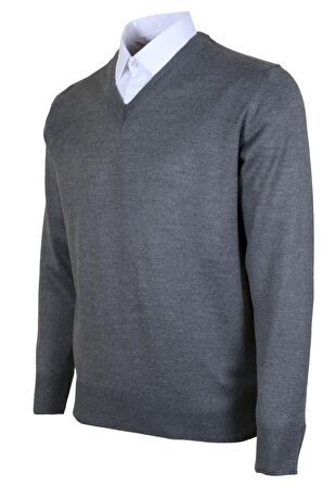 Erkek Yünlü Kazak V Yaka Normal Klasik Kesim Gri RAR00374 Gri-4XL