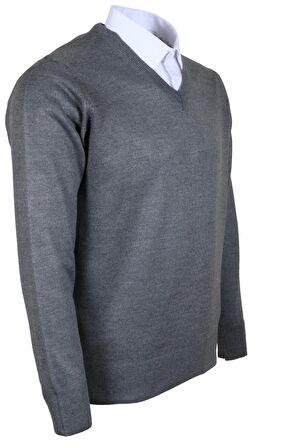 Erkek Yünlü Kazak V Yaka Normal Klasik Kesim Gri RAR00374 Gri-4XL