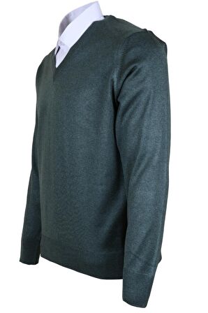Erkek Yünlü Kazak V Yaka Normal Klasik Kesim Yeşil RAR00375 Yeşil-3XL
