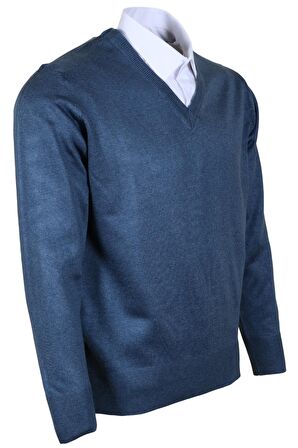 Erkek Yünlü Kazak V Yaka Normal Klasik Kesim Mavi RAR00376 Mavi-2XL