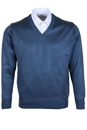 Erkek Yünlü Kazak V Yaka Normal Klasik Kesim Mavi RAR00376 Mavi-4XL