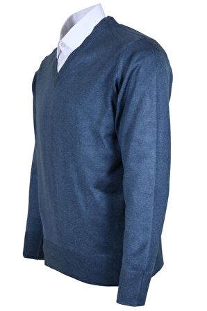 Erkek Yünlü Kazak V Yaka Normal Klasik Kesim Mavi RAR00376 Mavi-4XL