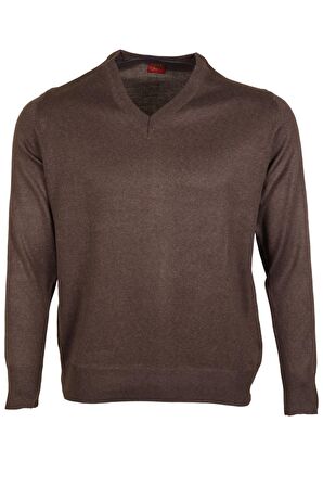 Erkek Yünlü Kazak V Yaka Normal Klasik Kesim Kahve RAR00377 Kahverengi-L