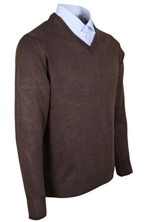 Erkek Yünlü Kazak V Yaka Normal Klasik Kesim Kahve RAR00377 Kahverengi-L