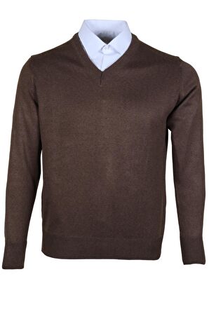 Erkek Yünlü Kazak V Yaka Normal Klasik Kesim Kahve RAR00377 Kahverengi-3XL