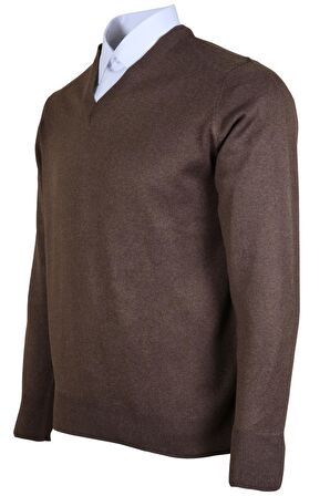 Erkek Yünlü Kazak V Yaka Normal Klasik Kesim Kahve RAR00377 Kahverengi-3XL