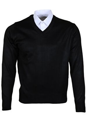 Erkek Yünlü Kazak V Yaka Normal Klasik Kesim Siyah RAR00378 Siyah-4XL