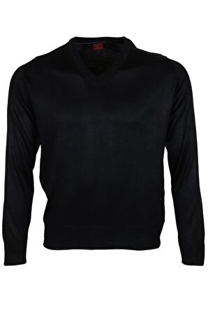 Erkek Yünlü Kazak V Yaka Normal Klasik Kesim Siyah RAR00378 Siyah-4XL