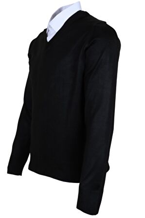 Erkek Yünlü Kazak V Yaka Normal Klasik Kesim Siyah RAR00378 Siyah-4XL