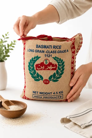 Hindistan Orijinal Class Grade A 1121 Uzun Tane 4.5 kg Premium Basmati Pirinç Kumaş Çuval