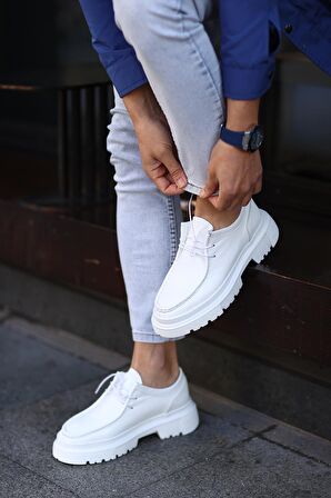 Shoetyle - Beyaz Deri Bağcıklı Erkek Günlük Ayakkabı 101-9009