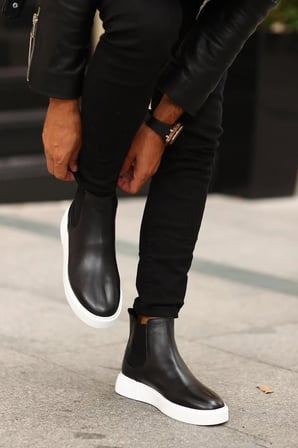 Shoetyle - Siyah Hakiki Deri Erkek Chelsea Bot - Beyaz Taban -  250-041 