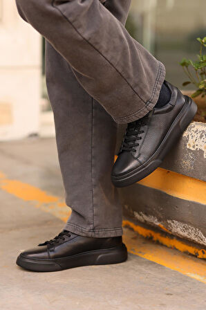 Shoetyle - Siyah Hakiki Deri Bağcıklı Erkek Sneaker 800-2501