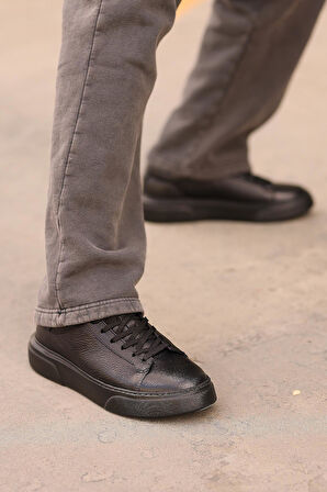 Shoetyle - Siyah Hakiki Deri Bağcıklı Erkek Sneaker 800-2501