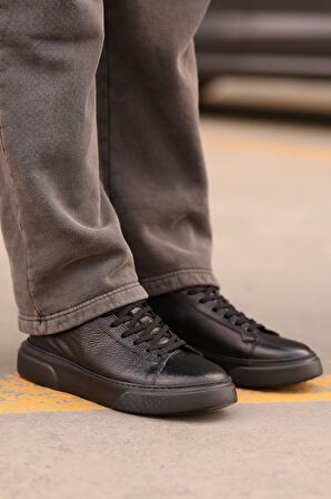 Shoetyle - Siyah Hakiki Deri Bağcıklı Erkek Sneaker 800-2501