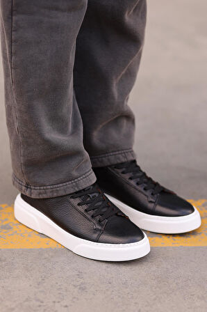 Shoetyle - Siyah Hakiki Deri Bağcıklı Erkek Sneaker 800-2501