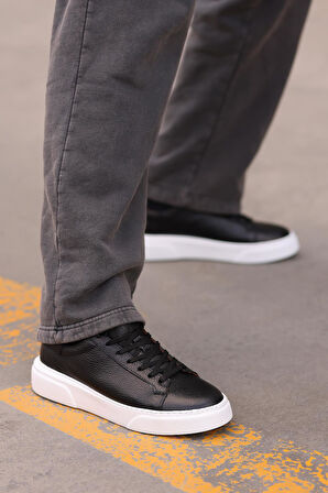 Shoetyle - Siyah Hakiki Deri Bağcıklı Erkek Sneaker 800-2501