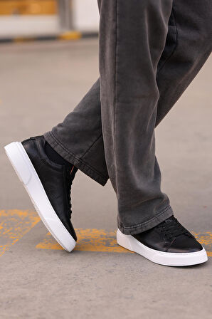 Shoetyle - Siyah Hakiki Deri Bağcıklı Erkek Sneaker 800-2501